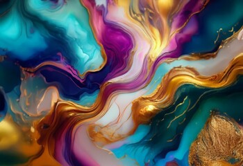Poster - Abstract swirling patterns of gold, teal, purple, and white.