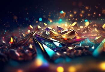Poster - A close up of sharp, iridescent, colorful crystal shapes with bokeh light spots in the background.