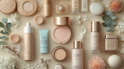 Poster - Aesthetically pleasing layout of various makeup and skin care products arranged harmoniously against a neutral background inviting viewers to explore beauty routines with space for personalized text
