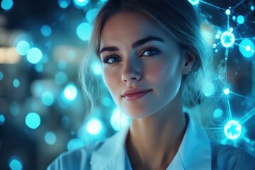 Poster - A young woman scientist smiles amid glowing molecular structures in a modern lab