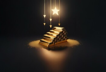 Poster - A stack of gold bars sits on a dark surface, with a glowing star and three descending arrows hanging above.