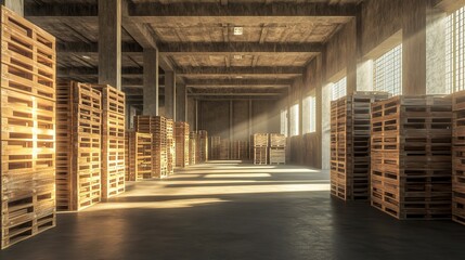 Wall Mural - Sunlit Warehouse with Wooden Pallets