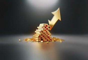 Poster - A golden arrow points upwards next to a stack of gold bars, with some pieces of gold scattered around the base.
