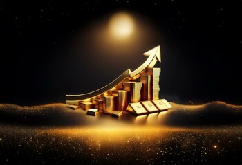 Poster - A golden arrow ascends above a bar graph made of stacked gold bars, all set against a dark, sparkling background.