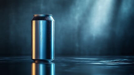 Fototapete - Artistic representation of an empty soda can beautifully lit to highlight its metallic sheen The can sits alone on a reflective surface creating an intriguing contrast with its surroundings