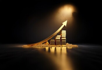 Poster - A golden arrow pointing up, emerging from a pile of gold bars on a black background with a soft light illuminating the scene.