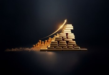 Poster - A pyramid of gold bars rises against a dark backdrop, a golden arrow indicating upward growth.