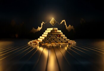 Poster - A pyramid of gold bars, lit by a spotlight, with a downward-facing arrow symbol above, and a gold line graph in the background.