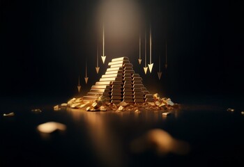Aufkleber - A pyramid of gold bars is surrounded by scattered gold pieces, with downward facing arrows pointing at the top of the pyramid.