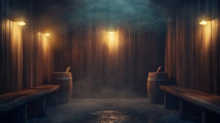 Poster - A dark room with a few wooden benches and barrels