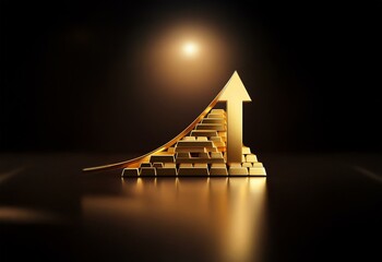 Poster - A golden arrow points upwards, rising from a pyramid of stacked gold bars against a dark background.