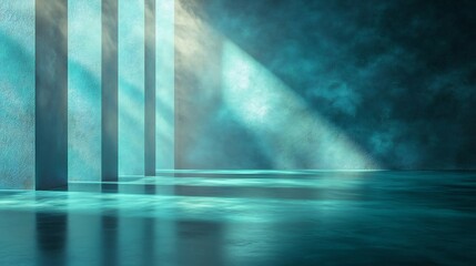 Poster - Elegant metal shadow gradient studio abstract background with a cool teal wall and floor enriched by shimmering laser lights and effects creating a sophisticated showcase for cars and technology