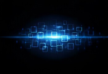 Aufkleber - Abstract digital art with glowing blue squares and lines on a dark background.
