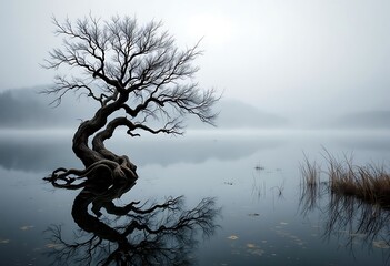 a black and white single lonely tree in a misty morning sits in the beautiful lake wanaka, new zeala