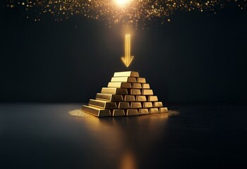 Poster - Golden bars stacked in a pyramid shape with a glowing arrow pointing down, set against a dark background.