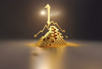 Poster - A golden pyramid made of bars sits on a gray surface with a gold arrow pointing upwards above it. The pyramid has a gold line graph coming out of it with a downward arrow at the end.