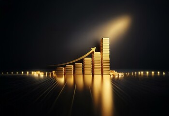 Poster - Gold bars stacked in an upward trend with an arrow pointing upwards, on a dark reflective surface.