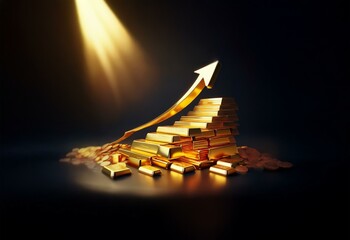 Poster - A golden arrow points upward as it rises above a pyramid of gold bars, surrounded by scattered gold coins,  all illuminated by a spotlight.