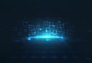 Fototapete - Abstract blue glowing squares on a dark background over a grid.