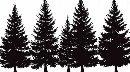  Winter forest silhouettes of fir trees and spruces with wood tree background.