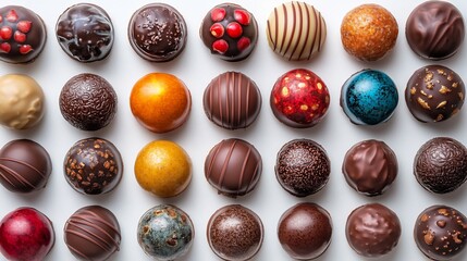 Poster - Elegant overhead view of an exquisite collection of chocolate pralines featuring intricate designs and rich colors set against a clean white background that highlights their luxurious appeal