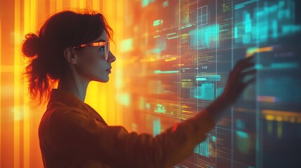 Poster - A woman in a yellow jacket interacts with a futuristic digital interface. The screen displays data, graphs, and information.