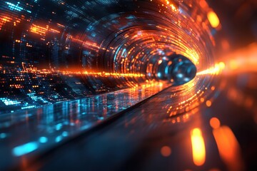 Poster - Vibrant tunnel of light and digital patterns flowing through a futuristic space