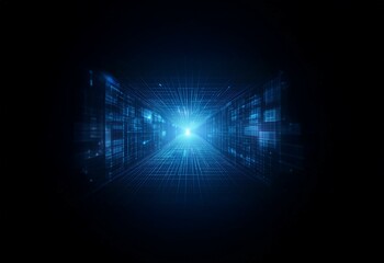 Fototapete - A glowing blue grid of lines and squares forms a tunnel leading towards a bright light at the end.