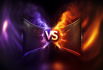 Aufkleber - A dark background with two curved metallic cage-like structures, one with a purple and blue glow and the other with an orange and red glow, in the center the word 