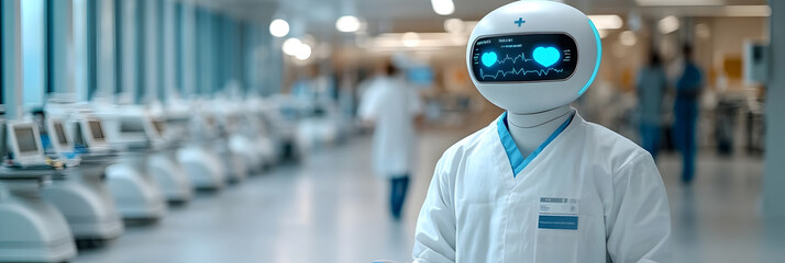 Poster - A humanoid robot assistant standing in a modern hospital or medical research facility,interacting with doctors,nurses.