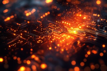 Poster - abstract close-up of a glowing digital circuit board with vibrant light patterns at night