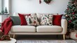 © phianguma - A cozy living room with a modern sofa adorned with four Christmas-themed cushions, featuring holiday patterns and colors.