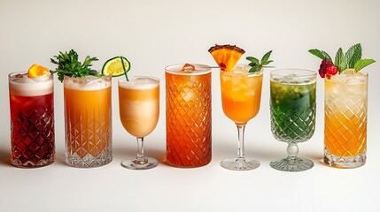 Poster - Enticing set of various delicious cocktails such as pia coladas daiquiris and martinis each in unique glasses with eyecatching colors and garnishes against a pristine white background