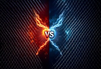 Aufkleber - A black background featuring a chain link fence with a glowing red fire on the left side and glowing blue flames on the right side. The word 