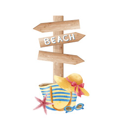 beach composition with wooden signpost and beach bag, straw hat, sunglasses