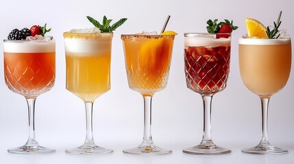 Poster - Enticing set of various delicious cocktails such as pia coladas daiquiris and martinis each in unique glasses with eyecatching colors and garnishes against a pristine white background