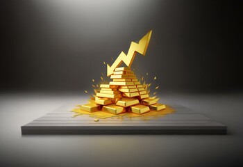 Poster - A gold arrow points downward towards a stack of gold bars on a white platform.