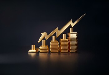 Poster - Golden bars stacked in a rising bar chart with a golden arrow pointing upwards.