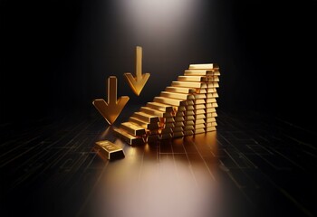 Poster - A stack of gold bars forms a staircase ascending towards a spotlight, two gold arrows point downwards.