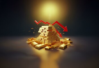 Poster - A red arrow points downward towards a pile of gold bars, some falling.
