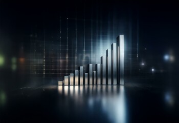 Poster - A silver bar graph rises against a dark grid background, illuminated with spotlights.