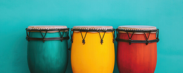 Vibrant drums in teal, yellow, and red colors are beautifully arranged against bright turquoise wall, creating energetic and lively atmosphere perfect for performance