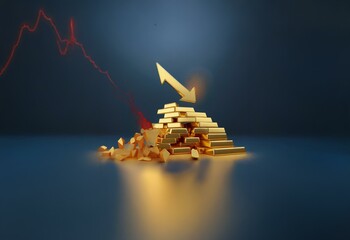 Poster - A gold pyramid with a red graph dropping behind it and a gold arrow pointing downward.