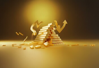 Poster - Gold bars form a pyramid shape, with an arrow piercing through and causing some of the bars to fall.
