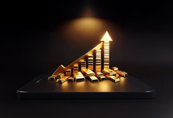 Leinwandbilder - Gold bars form an upward arrow shape on a black platform.