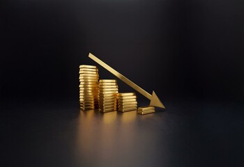 Poster - Gold bars stacked in a descending order with a golden arrow pointing down on a black background.