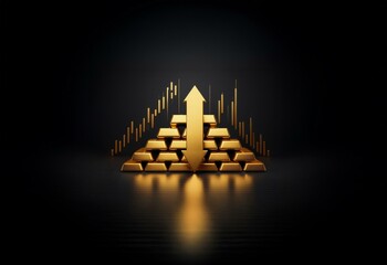 Poster - A pyramid of gold bars sits on a dark surface with a gold arrow pointing upward behind it. A gold candlestick chart extends diagonally upward behind the bars.
