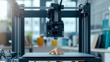 Poster - A high-definition 3D printer with a partially completed model, clean workspace with minimalistic setup, Innovative style