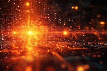 Poster - Abstract glowing particles create a digital landscape in warm colors against a dark backdrop
