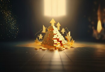 Poster - Gold bars form a pyramid with gold coins at the base, with arrows pointing up and down.